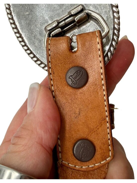 Justin Boots Native Heart belt aged bark brown leather turquoise heart - size 34